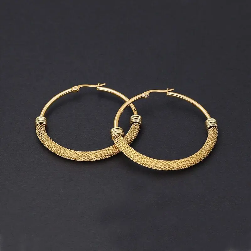 Wholesale Jewelry - Titanium steel Net Round Circle Hoop Earrings Jewelry For Women Fashion Gold Color 4 Size