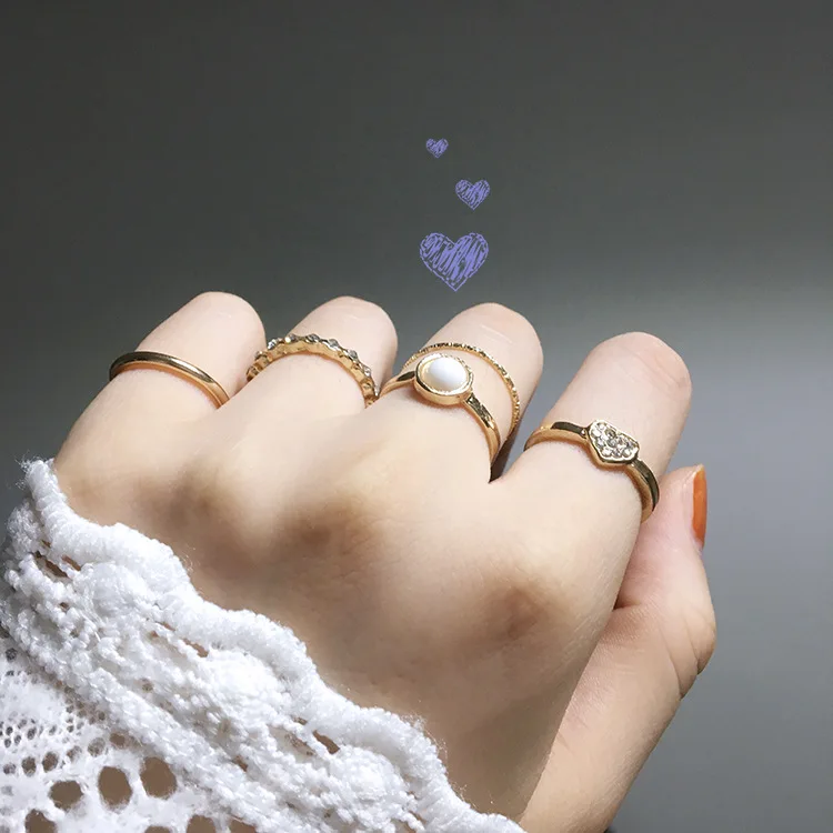 Trend Inlay Imitation Pearl Heart Ring Water Zircon Combination Joint Ring Gold Five Pieces Of Women's Versatile Jewelry