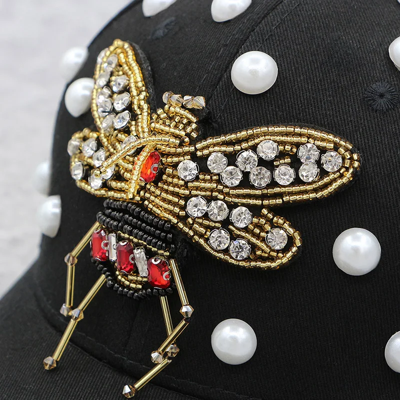 GZHILOVINGL Summer Cool Rhinestone Bees Baseball Cap Snapback Hiphop Caps Women Black Hat Pearls Washed Cotton Adjustable Sports