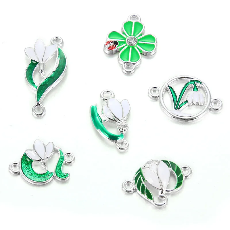 10PCS Mixed Style Enamel Green Plant Flower Leaf Charms Connector For Women Girls DIY Necklace Bracelet Jewelry Accessories