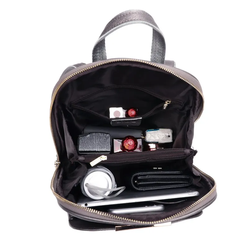 ZENCY Nature Genuine Leather White Silver Blue Color Backpack Women Shopping Knapsack Young Girl First Layer Cowhide School Bag