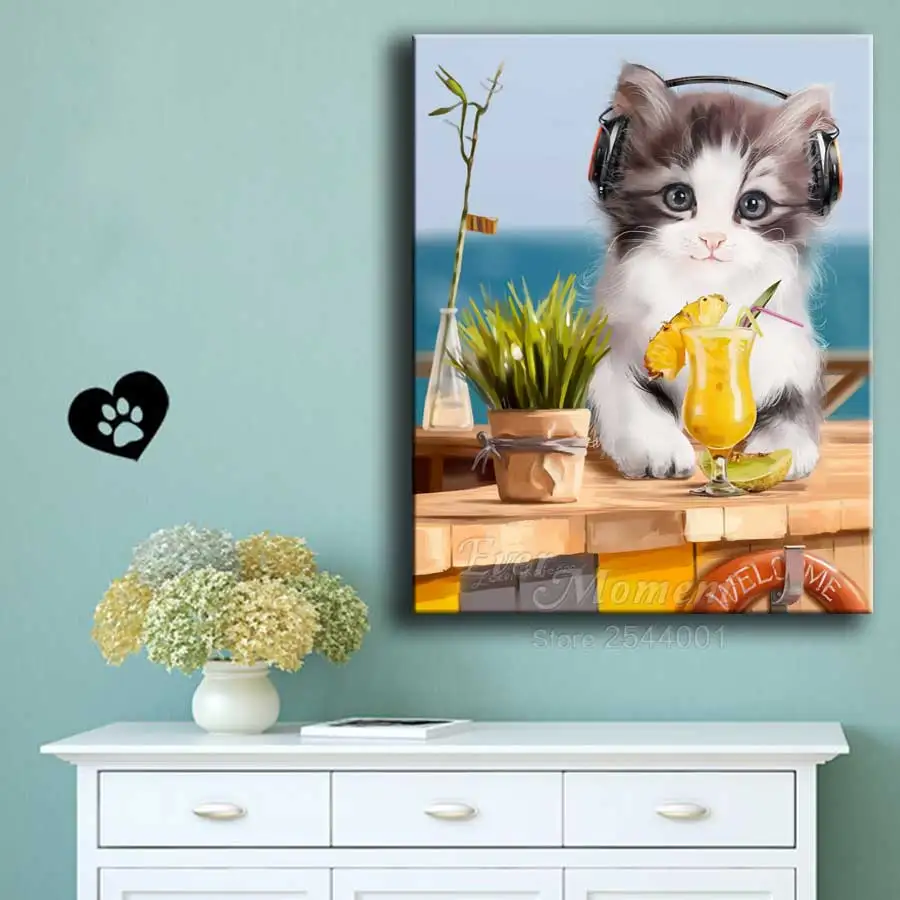 Ever Moment Diamond Painting Cross Stitch Music Cat at Seaside Full Mosaic Diamond Embroidery Square Decoration ASF826