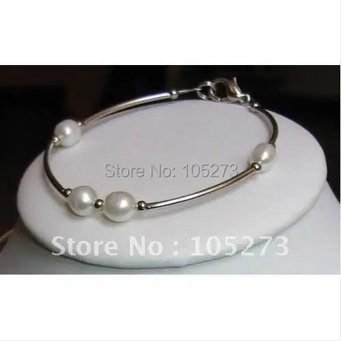 

Pearl Jewelry White Genuine Freshwater Pearl Bracelet Tible Silvers Oval Classic Cultured Gift AA 4-8MM 7.5inch Free Shipping