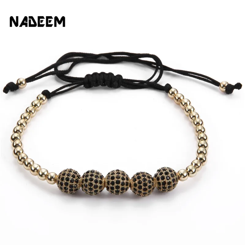 NADEEM Drop Shipping Gold Color Anil Arjandas 8mm Pave Setting Black CZ Copper Ball Bead Braiding Bracelet Women Gift Jewelry