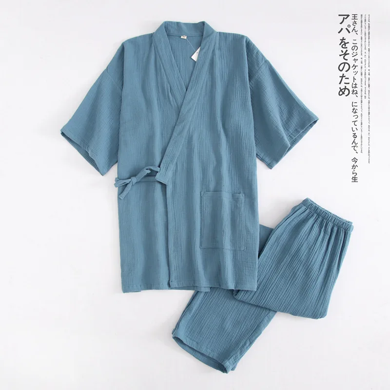 New Crepe Cotton Thin Solid Pajamas for Men and Women Short Short-sleeved Trousers Kimono Pijamas Suit Summer Sleepwear Pj Set