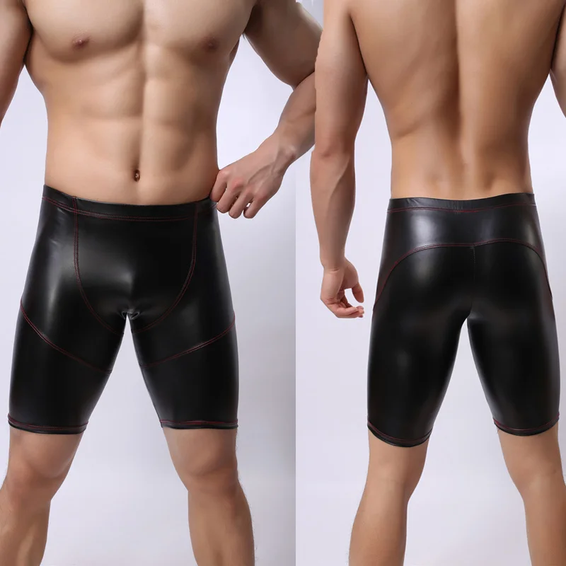 Sexy Men Plus Size Wild PVC Faux Leather Panties Shorts Boxer Wetlook Clubwear Jockstrap Fetish Gay Wear Erotic lingerie FX21