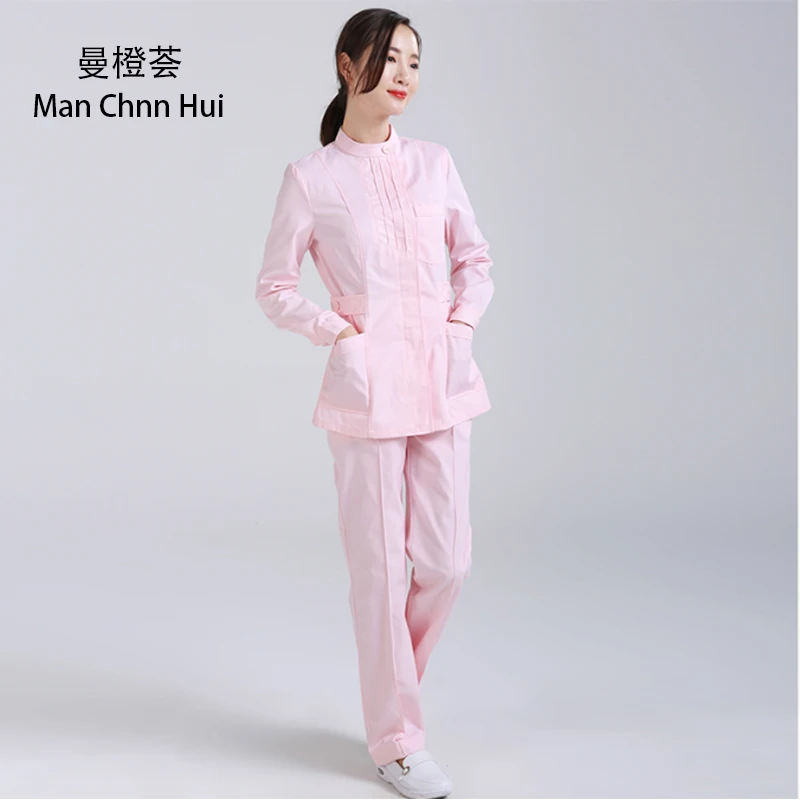 Nurses wear long-sleeved spring women's stand collar split suit powder green white beauty clothes pharmacy overalls