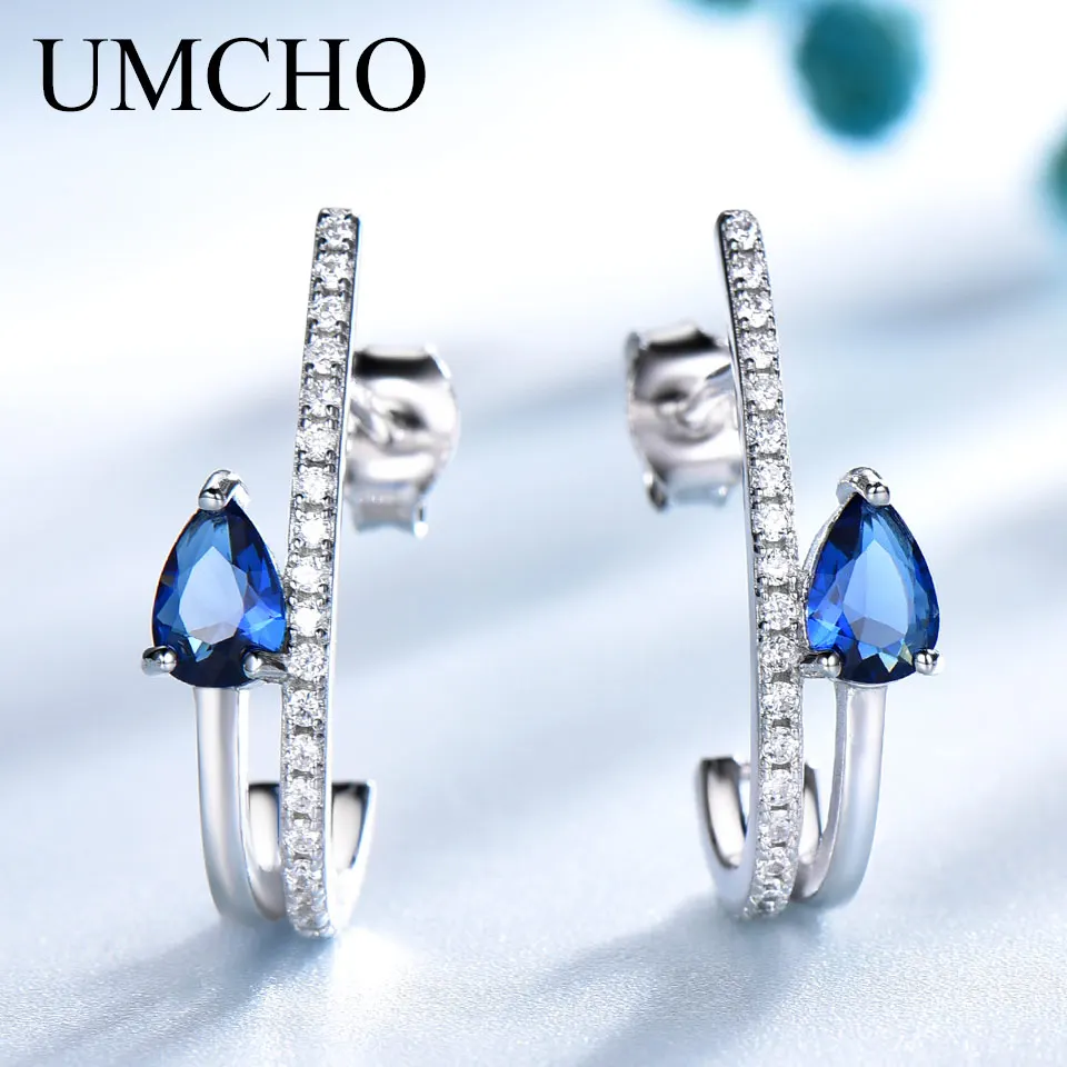 UMCHO Solid 925 Sterling Silver Drop Earrings for Women Blue Sapphire Gemstone Earrings Wedding Fine Jewelry Simple Party Gift