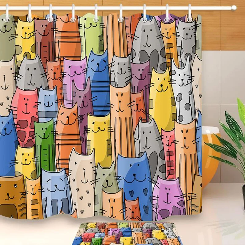 Colorful Cat Printed Bath Waterproof Curtain 3D Polyester Fabric Shower Curtain with 12 Hooks for Mildewproof Bathroom Decor