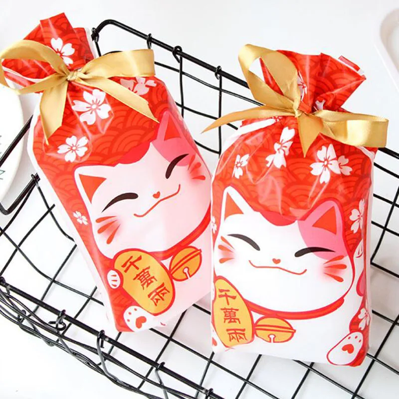 500pcs 23*15*6cm Happy Fortune Cat Candy Bag Plastic Gift Packaging Bags Baking Biscuit Cookies Bags ZA6277