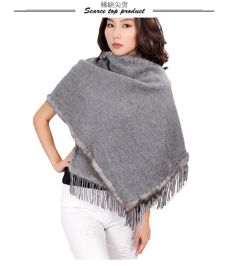 luxury fur poncho women spring autumn winter natural mink fur trim 100% pure cashmere gray double color S25