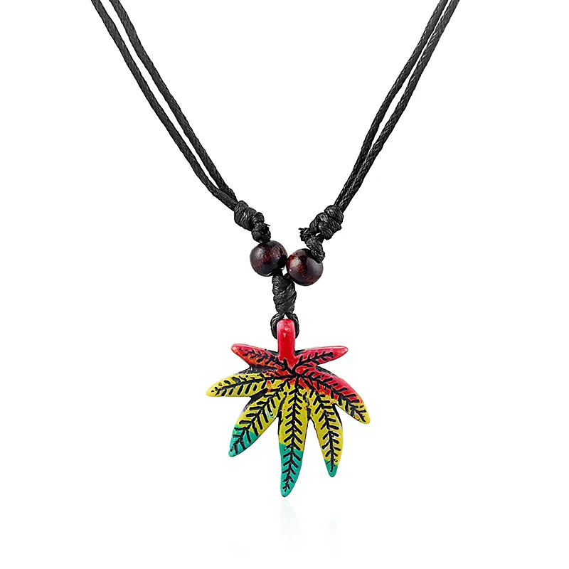 1pcs Resin White Brown Rasta Style Pot Leaf Weed Leaf Necklace Black Wax Cotton Cord Adjustable Jewelry