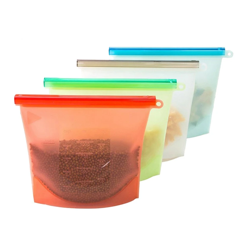 4pcs/set Reusable Silicone Vacuum Seal Food Fresh Bag Fruit Meat Milk Storage Containers Refrigerator Bag Ziplock Organizer