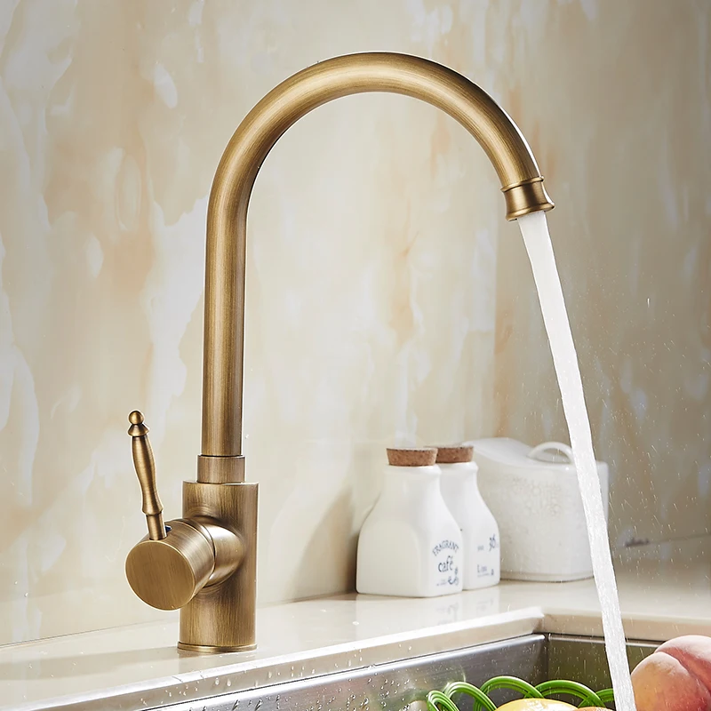 

Retro Antique Brass Kitchen Sink Faucet Single Handle Rotation Spout Deck Cold and Hot Water Mixer Taps 9222FKitchen Faucets