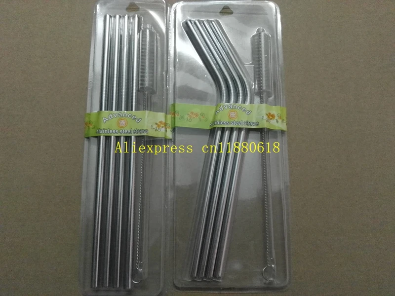 100sets/lot 5 in 1 kit 6mm Stianless steel Drinking Straw + Cleaning Brush Retail package For 20OZ Cup Bar Xmas Party