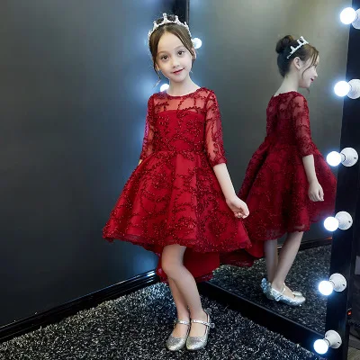 

Elegant Girl Red Tulle Flower Girl Dress Party Kids Pageant Gown Girls Princess Wedding Dress First Communion Dresses 1-14T