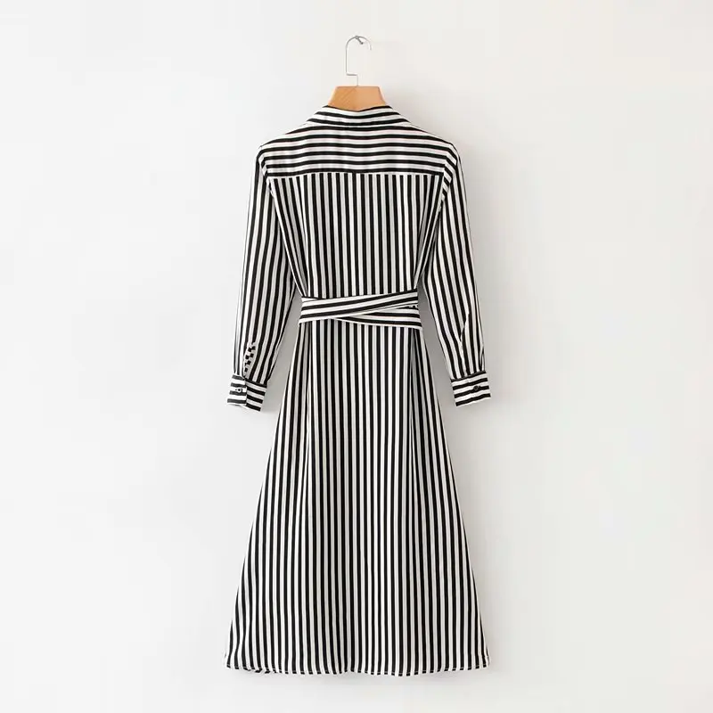 YSMILE Y Women Fashion Office Lady Dress Striped Tie Up Turn-down Collar Slim Dress Female Casual Daily Ankle-Length Lady Dress