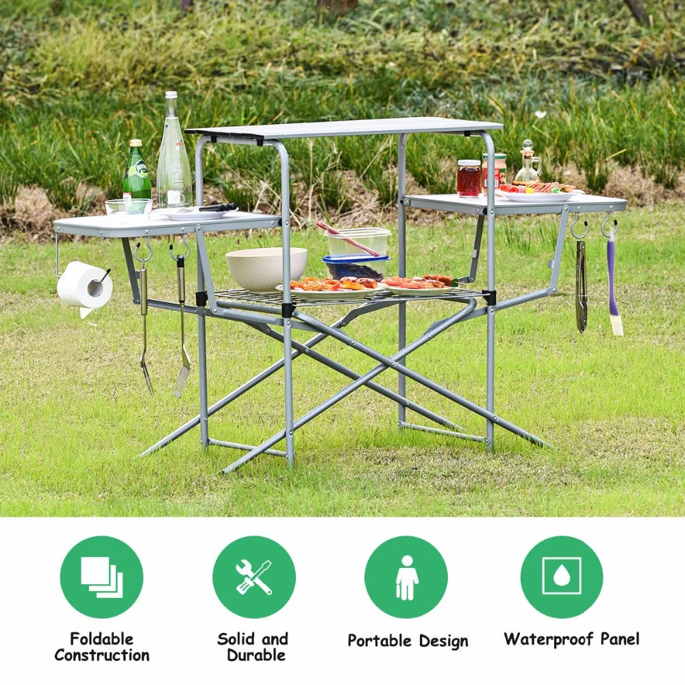 

Goplus Foldable Camping Table Outdoor Kitchen Portable Grilling Stand Folding BBQ Table Outdoor Furniture