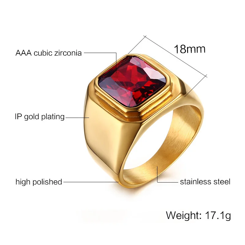 Vnox Casual Men Ring Red CZ Stone Square Top Stainless Steel Gold Color Daily Male Alliance Jewelry Size