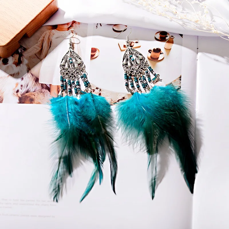 Gypsy Earring For Women Dangle Feather White Long Ear Jewelry Bohemia Vintage Trendy Beads Drop Earrings Fashion Jewelry
