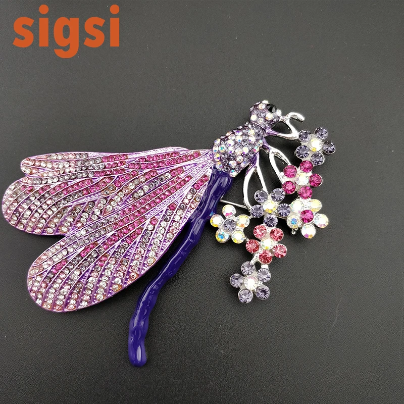 

Hot selling multicoloured crystal 3.35 inch silver tone purple dragonfly brooch pins