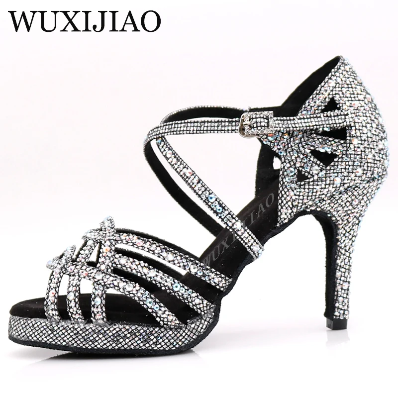 WUXIJIAO New Silver black  Latin dance shoes ladies salsa rhinestone shoes dance ladies ballroom dance shoes heel 5cm-10cm