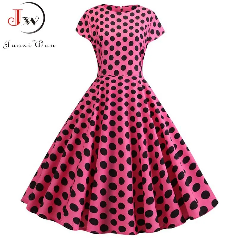 Summer Short Sleeve Polka Dot Dress Women Elegant Casual Print A-Line Vintage Big Swing Rockabilly Vestidos