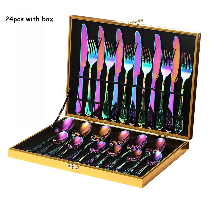 Rainbow Stainless Steel Dinnerware Set, Western Cutlery, Knife, Fork, Soup, Coffee Scoop, Full Tableware, Wedding Gift Box