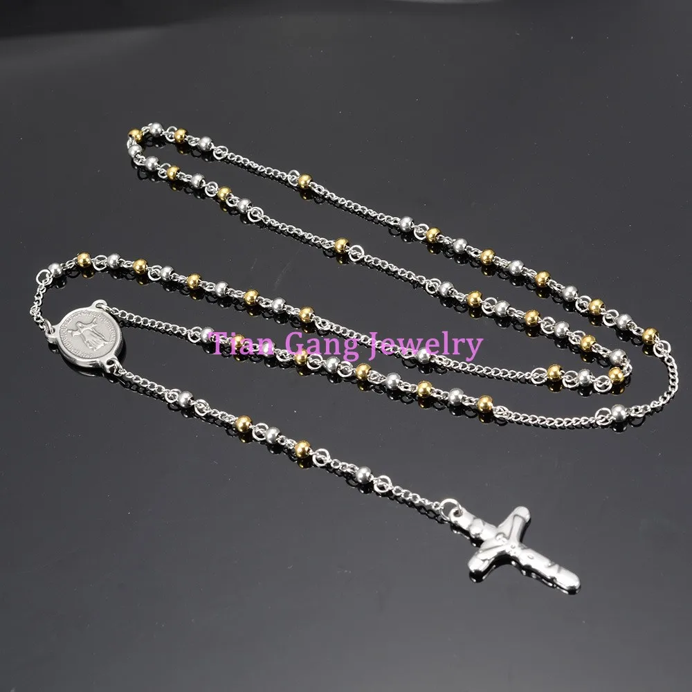 Gold Silver Color 4mm/6mm/8mm Round Bead Rosary Necklace Stainless Steel religious Jesus Crucifix Cross Chain for women Men