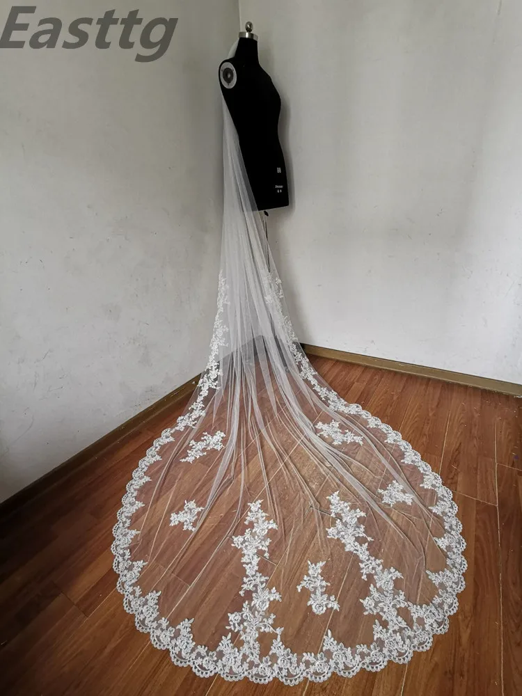 2019 새로운 실제 사진 화이트/아이보리 신부 베일 appliqued mantilla velos de novia 웨딩 베일 빗 웨딩 액세서리와 함께