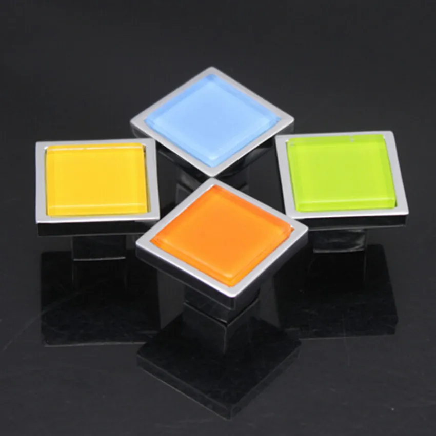 Crystal  Dresser Drawer Knob Pull Handle Square Yellow Green Orange Blue Green Silver Furniture Cabinet Knob Hardware Colorful