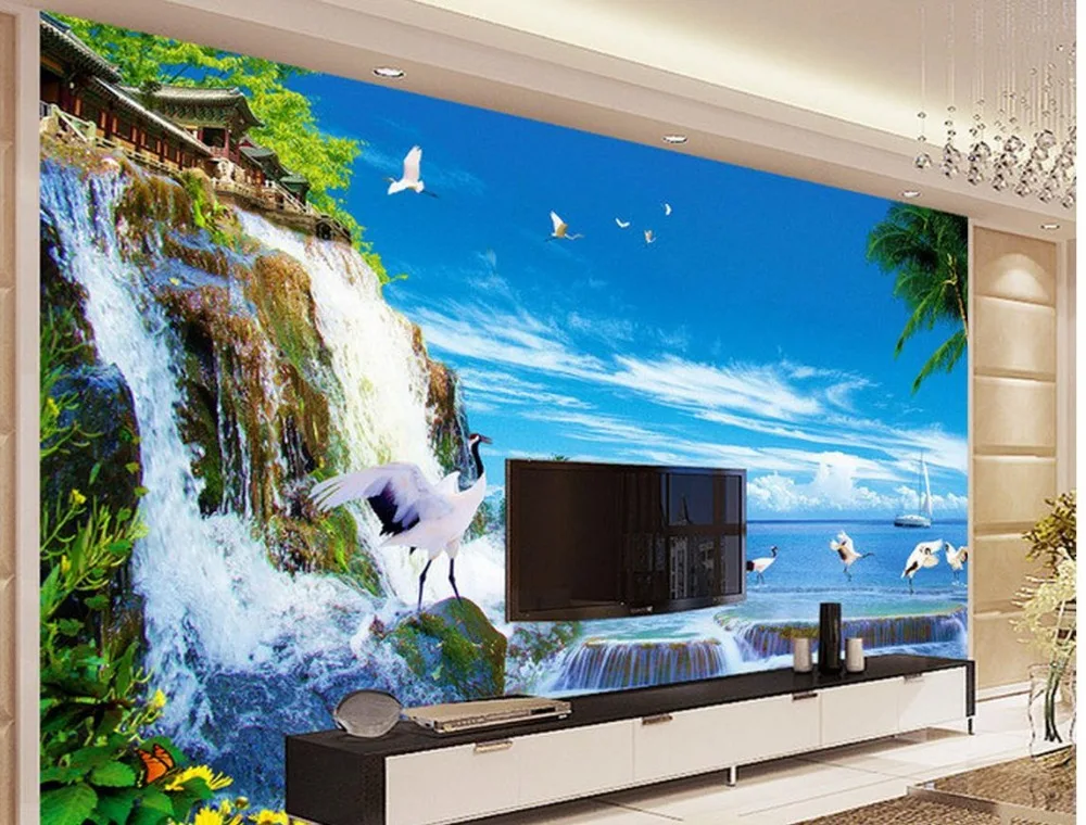 

Home Decoration 3d customized wallpaper Waterfall sea TV background wall landscape painting decoration