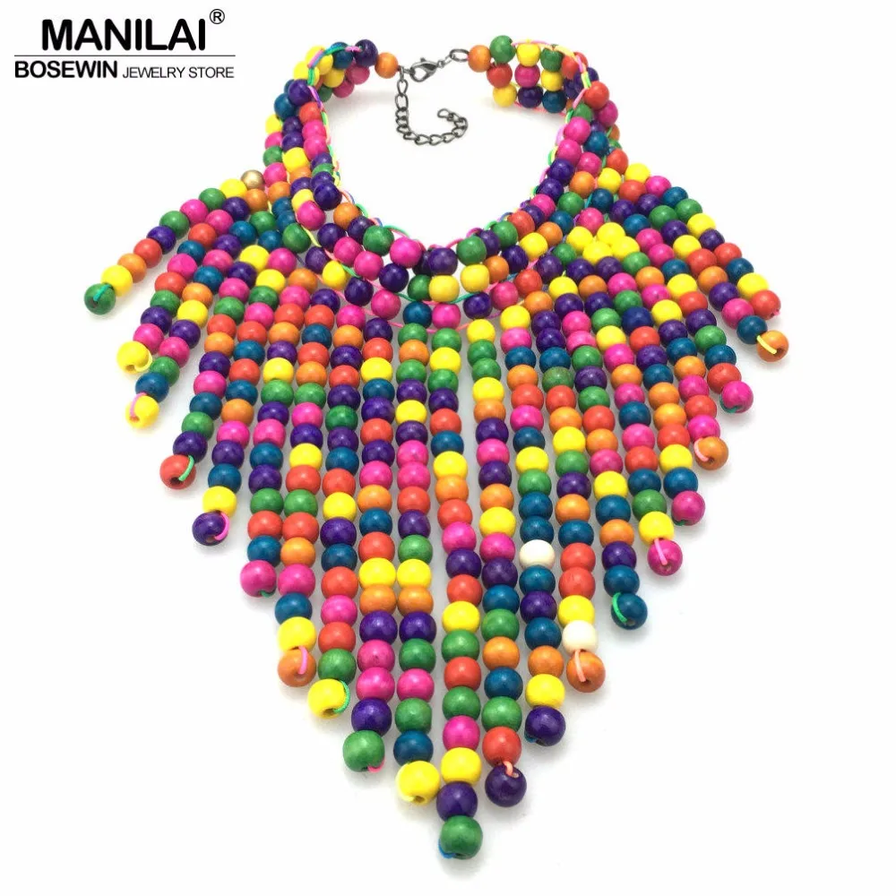 

MANILAI Wood Beaded Statement Necklaces For Women Bohemia Multicolor Beads Long Pendants Bib Necklace Choker Handmade Jewelry