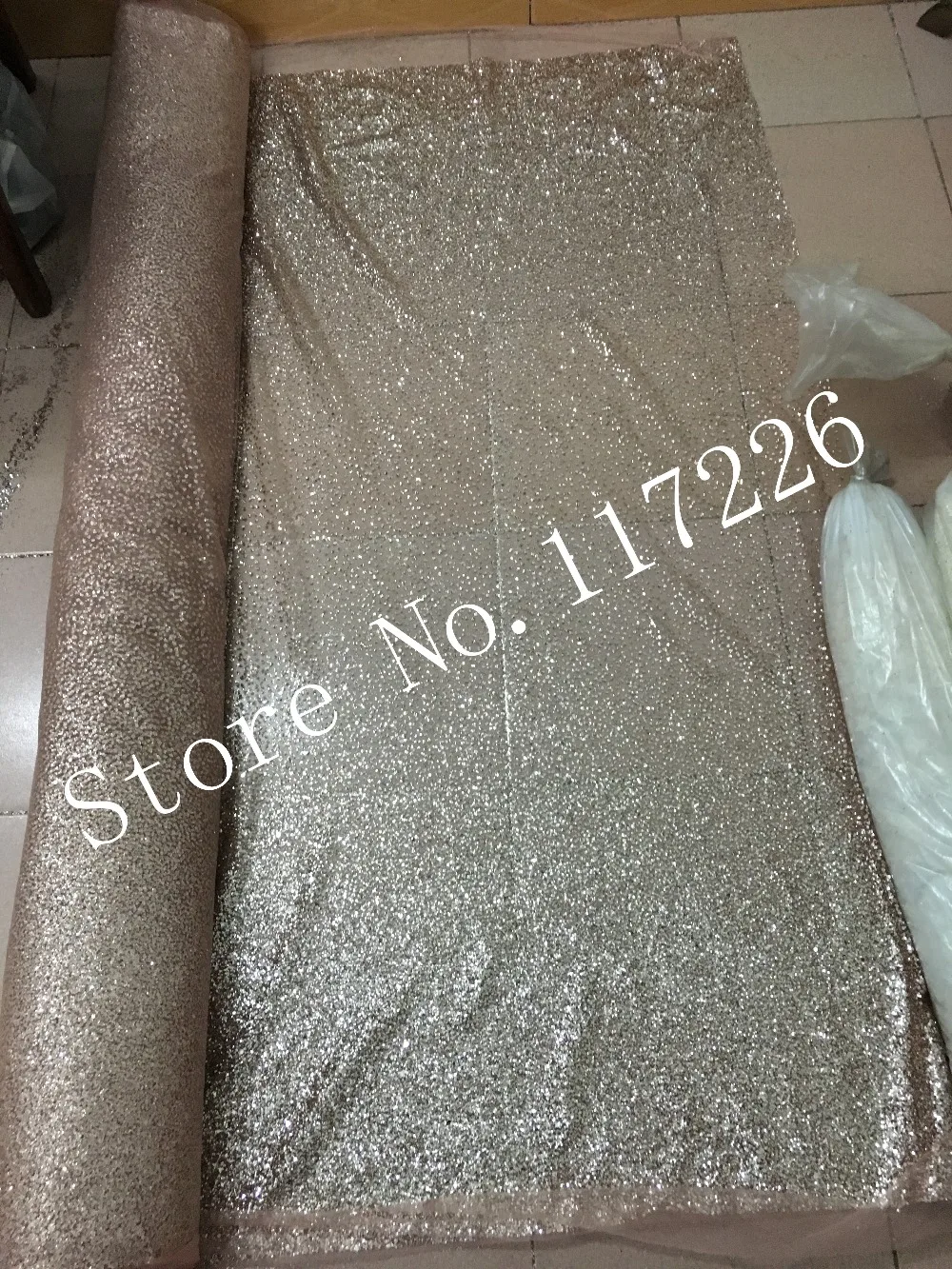 Rose gold color shining glued glitter sequins lace fabric african tulle mesh fabric for wedding dress/evening dress