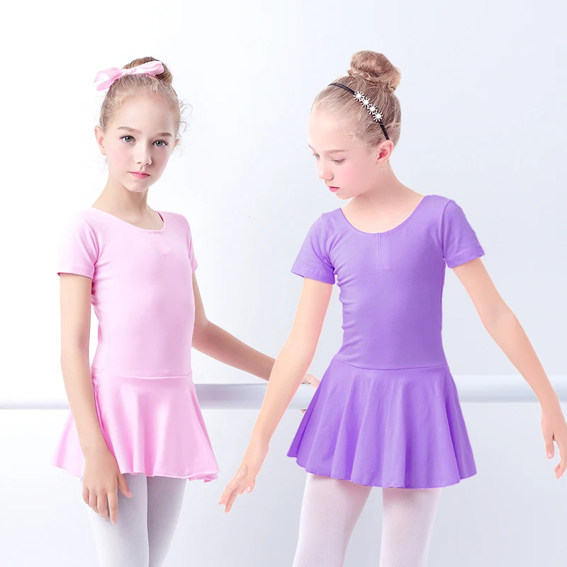 Kids Girls Ballet Leotards Pink Dance Dress Short Sleeve Ballet Leotard Cotton Training Dancewear Round-neck Ballet Dress