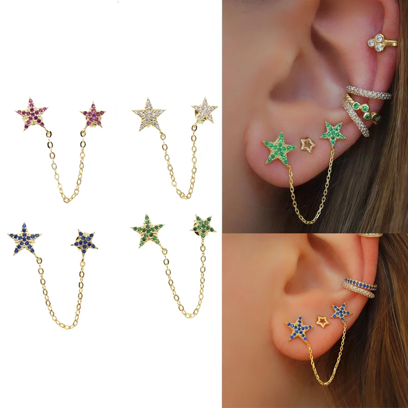 Название-товара-wholesale-Цельный-двойной-пирсинг-микро-паве-красочные-cz-звезды-Двойные-серьги-для-пирсинга-2-звезды-с-цепочкой-модные-украшения-Код-товара