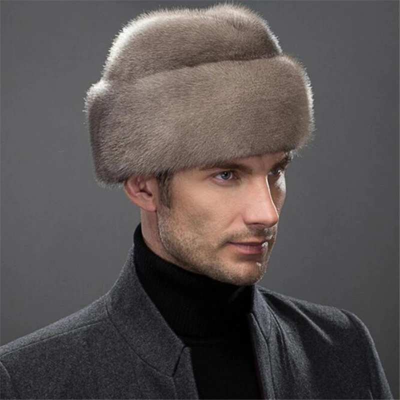 IANLAN French Mens Full-pelt Mink Bomber Hats Real Mink Fur Earmuffs Hats Solid Winter Outdoor Warm Hats IL00237