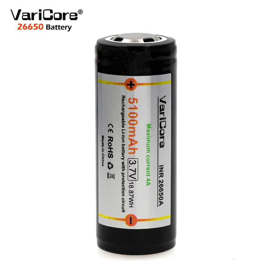 VariCore 26650 3.7V Lithium Battery 26650 5100mAh 4A Protective Board Battery for Highlight Flashlight