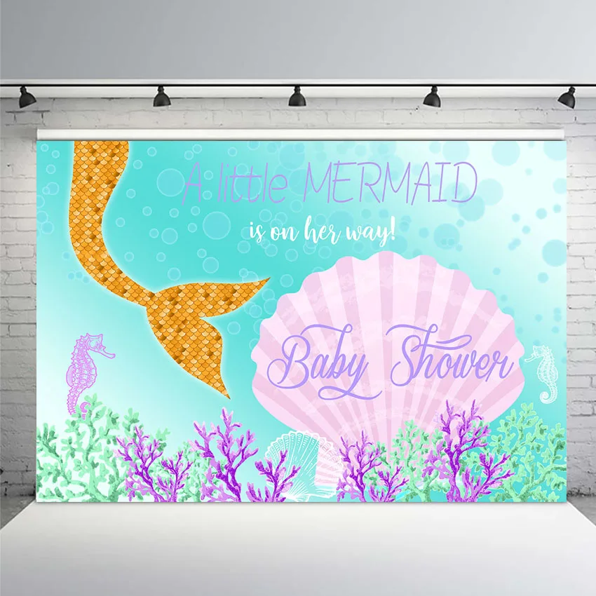 

A Little Mermaid Themed Baby Shower Photography Backdrop Underwater Newborn Green Color Background Shell Seaweed Seahorse Pearl