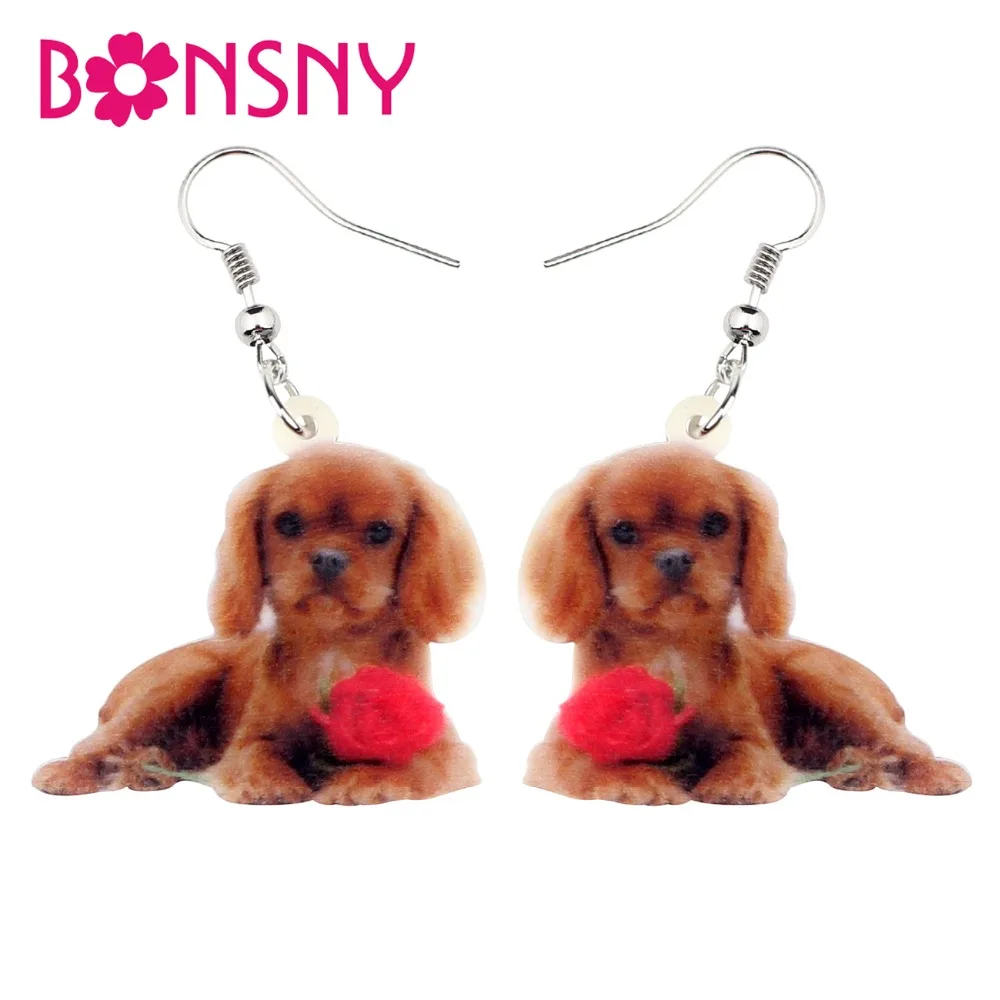 Bonsny Acrylic Cavalier King Charles Spaniel Dog Earrings Long Drop Dangle Cute Animal Jewelry For Women Girls Gift Female Charm