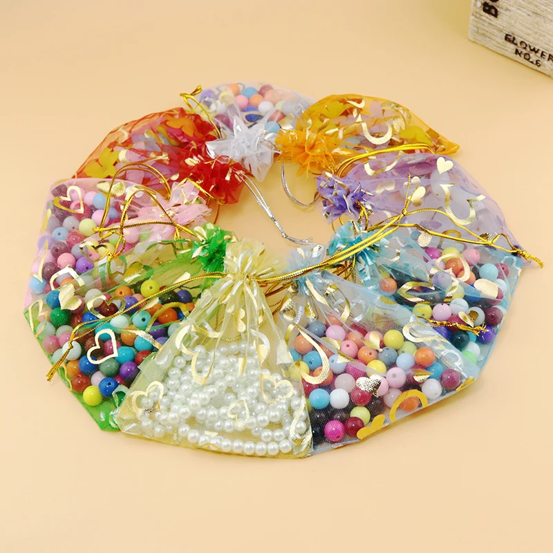 New Fashion 100pcs/lot Gold Heart Print Organza Wedding Party Favor Gift Candy Jewellery Bags Pouches Random Mixed Color 7x9cm