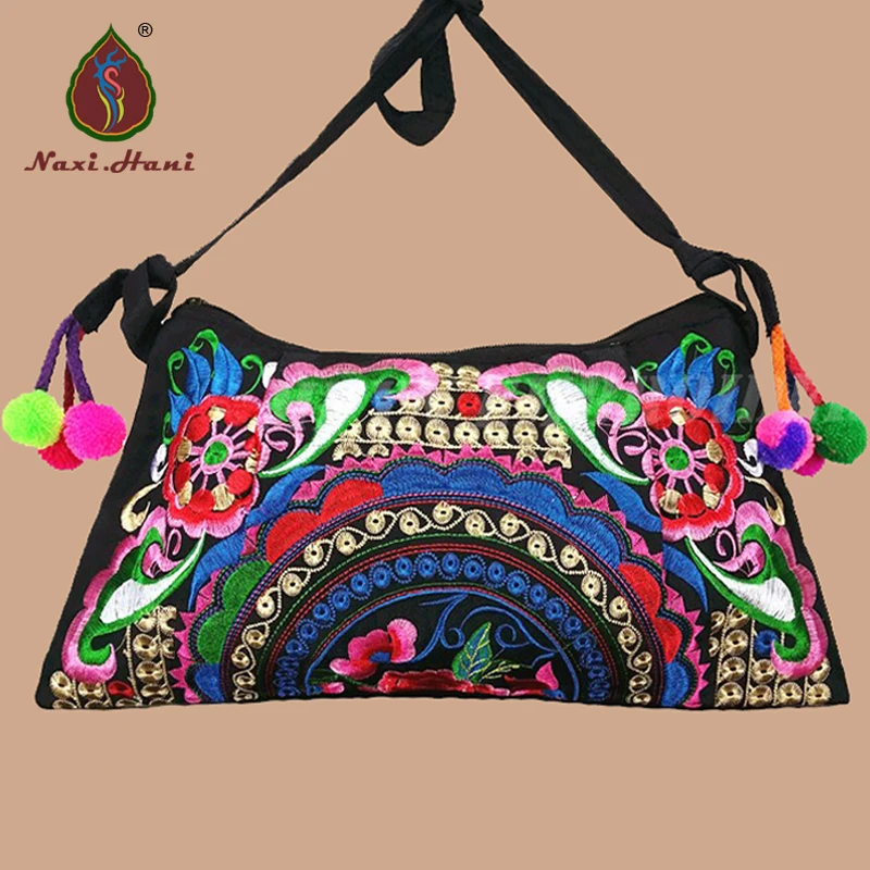 Best seller bags for women Summer bag Embroidery canvas ethnic bag Vintage Shoulder crossbody bags Boho pompon women bag