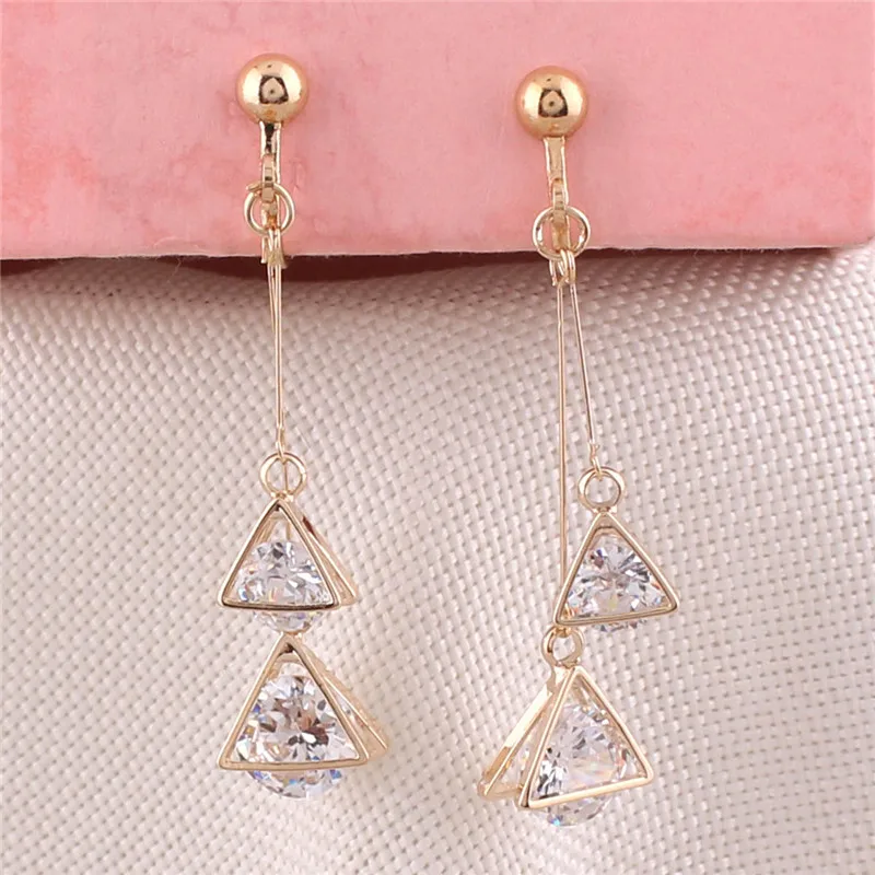 2017 New Style Fashion Double Triangle CZ Clip on Earrings Non  Piercing for Women Party Luxury Cute Long Earrings Not Allergy