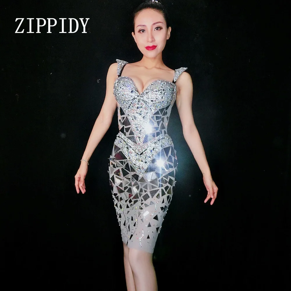 Sparkly Silver Rhinestones Sequins Mesh Long Dress Women\'s Birthday Celebrate Outfit Nightclub Female Singer Sexy Stage Dress