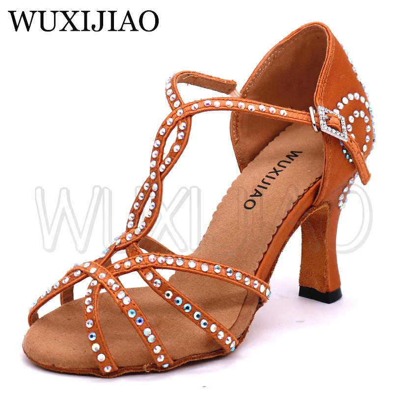 

WUXIJIAO New Bronze Satin Latin Dance Shoes Women Salsa Rhinestone Shoes Dance For Woman Ballroom Dancing Shoes heel 5cm-10cm