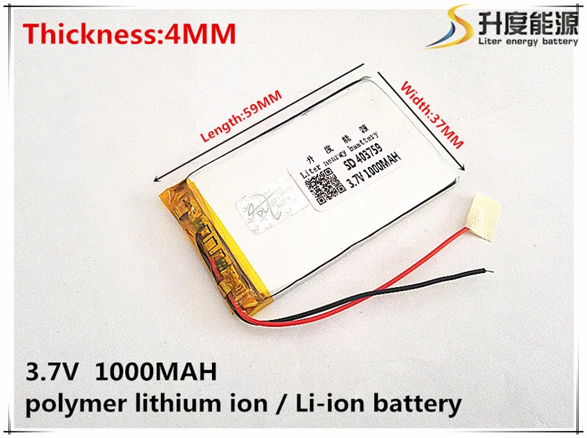 10pcs [SD] 3.7V,1000mAH,[403759] Polymer lithium ion / Li-ion battery for TOY,POWER BANK,GPS,mp3,mp4,cell phone,speaker