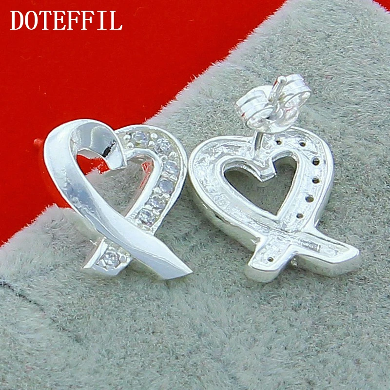 DOTEFFIL 925 Sterling Silver AAA Zircon Heart Stud Earring For Women Fashion Charm Wedding Engagement Party Jewelry
