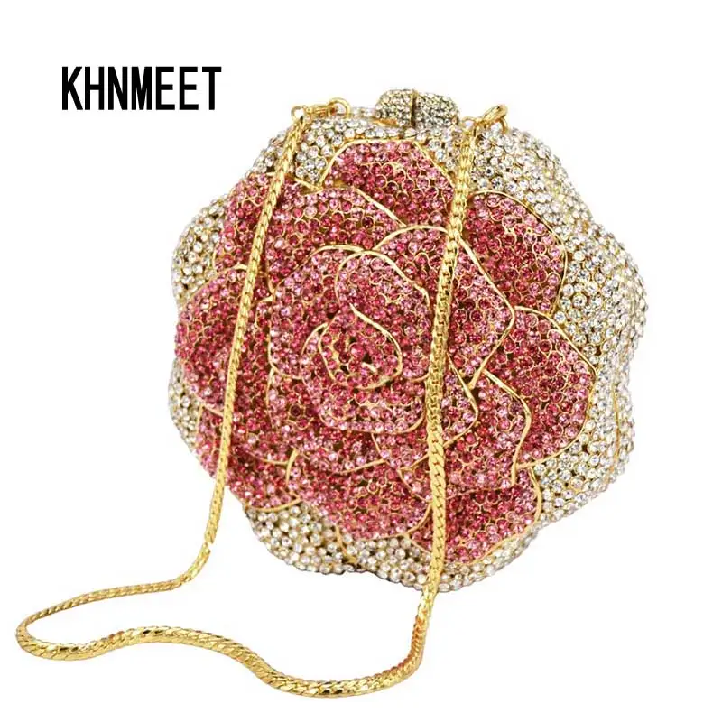 Pochette in cristallo a forma di fiore rosa rosa con diamanti colorati borse da sera fatte a mano borsa da sposa borse personalizzate SC021