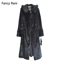 Russian Style 125cm Real Mink Fur Coat Hooded X-Long Rex Fur Coat Genuine Natural Mink Fur Coat Women Black Coats With Fur Hood