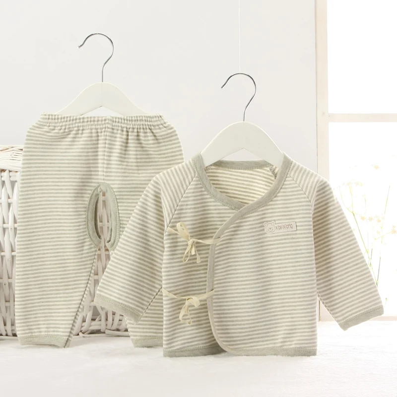 Hooyi Newborn Clothes 100% Cotton Soft Stripe Baby Clothing 2pcs Set Boys Sleepwear Kimono Cardigan Jumper Pant Suit Pajamas Set